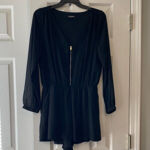 Express Chic Black V-Neck Romper with Gold Zipper